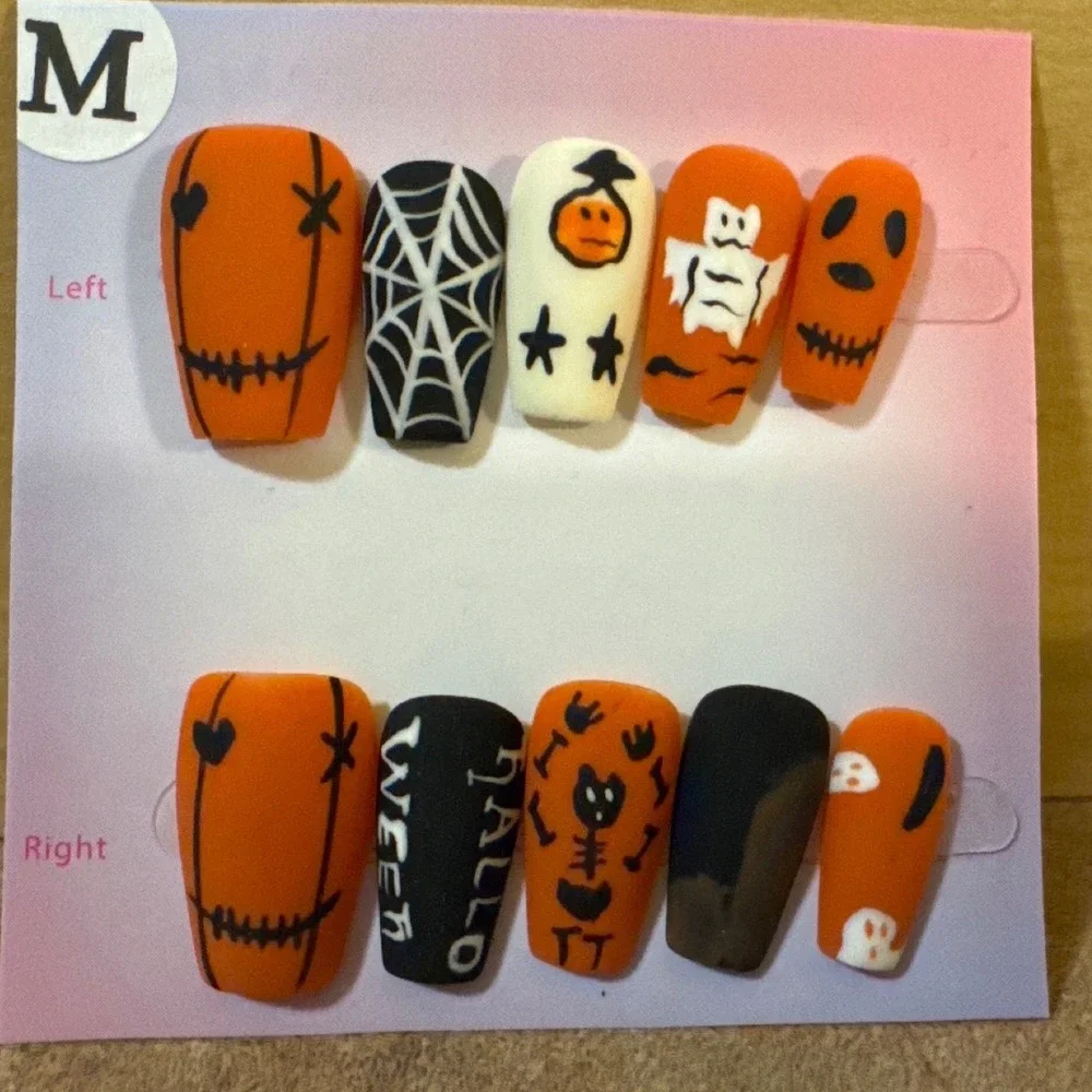 Halloween Press On Nails Medium Coffin Orange Black Ghost‎ Spider Web Spooky Set